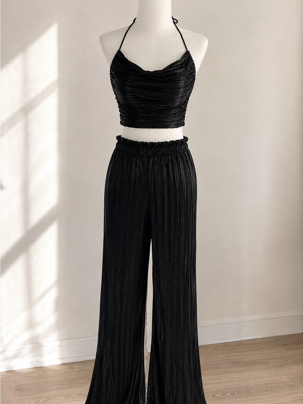 Black Shiny Pleated 2 Piece Crop Top Flare Pants Set S